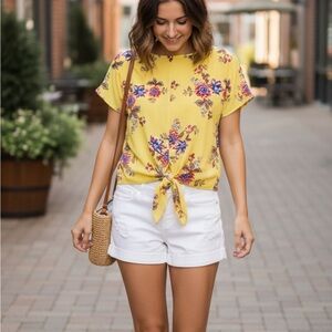 231 - Yellow Floral Top Blouse Dress Shirt Tie Front Floral Top